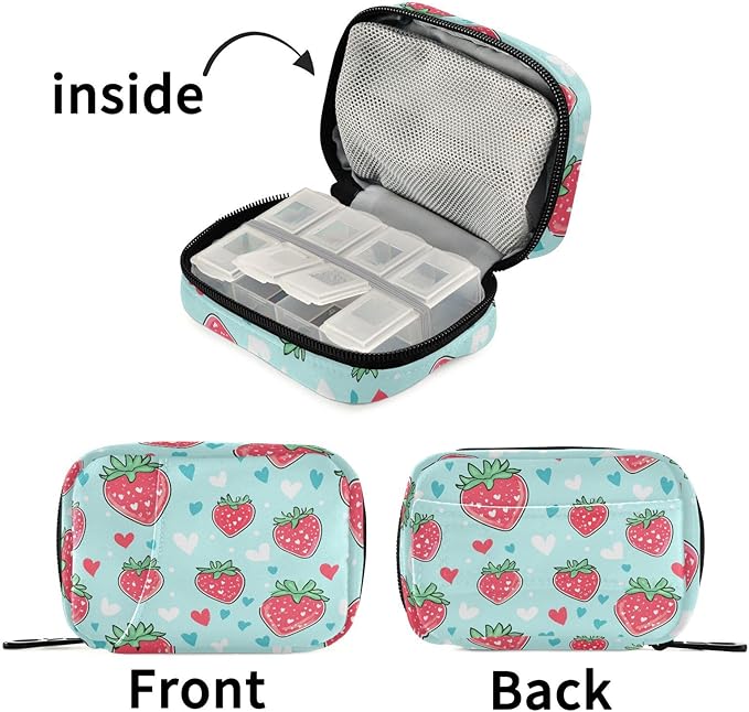 Fustylead Cute Cartoon Strawberry and Little Hearts Pill Organizer for Purse, Weekly Portable Pill Box with Zipper to Storage Vitamins Fish Oils Medications Supplements