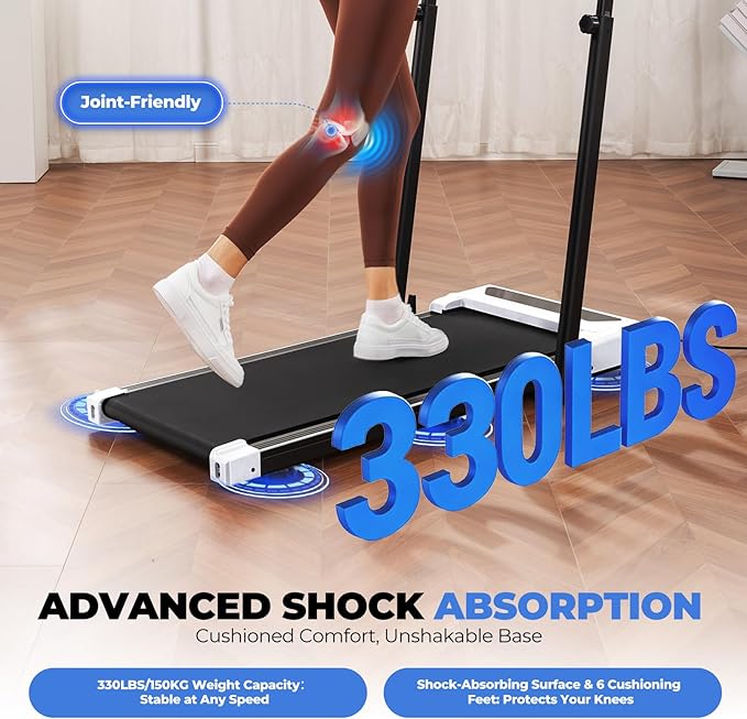 GORISE Walking Pad Treadmill with Adjustable Height Handle Bar, 3HP Quiet Foldable Under Desk Treadmill, Portable Treadmills for Home 350LBS with Remote Control LED Display