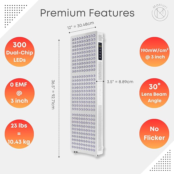 Makiuri Red Light Therapy Panel for Full Body | 630 nm, 660nm, 810nm, 830nm, 850nm | Clinical Grade Red & Near-Infrared LED Light Therapy (5 Wavelengths) | High Irradiance | Neptune (White 300 LED)