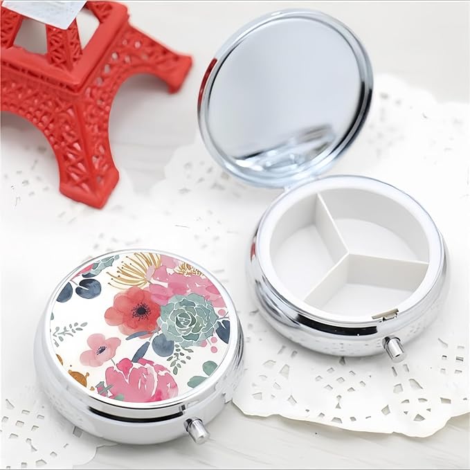 Pill Box 3 Compartment Pocket Cute Small Pill Organizer Mini Metal Pill Holder Travel Portable for Man Woman - Pink Flower