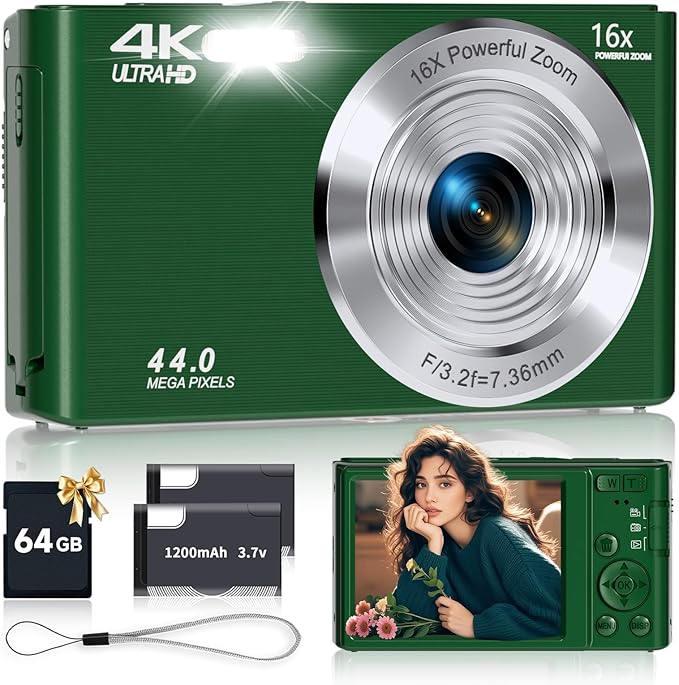 Digital Camera, FHD 4K Autofocus Compact Digital Cameras for Teens, Green Point and Shoot Camera for Kids with 16X Zoom, 64GB SD Card, 2026 Upgraded Small Digital Camera for Boys Girls Teens Kids Gift