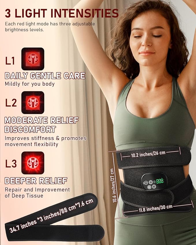 Red Light Therapy for Body Massager Belt with Vibration Massage, Cordless Infrared Light Therapy with 2 Long Wraps, Red Light Therapy Belt Wrap for Back Shoulder (Black)