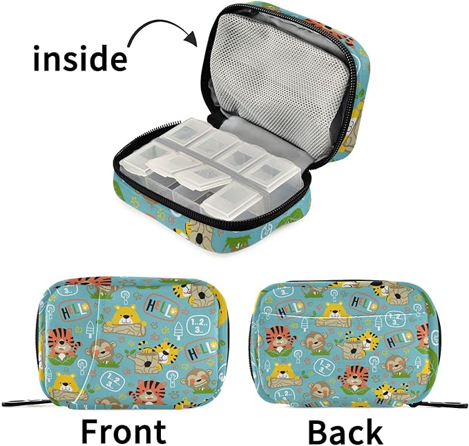 Pill Box Tiger Bear Monkey Cartoon 7 Day Pill Case Travel Pill Organizer Bag with Zipper Portable Weekly Vitamin Medicine Supplement Holder Pouch Bag