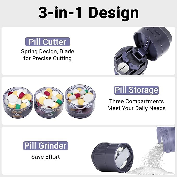 READAEER Pill Organizer, Pill Cutter, Pill Grinder, 3 in 1 Function Portable Pill Case for Travel (Blue)