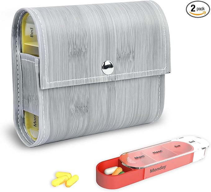 Pill Organizer,LIZIMANDU Weekly Travel Pill Case Box Medication Reminder Daily AM PM, Day Night 7 Compartments,for 4 Times A Day, 7 Days a Week-Includes Leather PU Carrying Case(1-Wood-Light Grey)