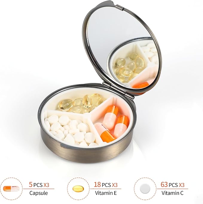 Dynippy Pill Case Pill Box with Mirror Pocket 3 Compartment Medicine Case Vitamin Pill Organizer for Pocket Purse and Travel (Round-Retro Art Flower)