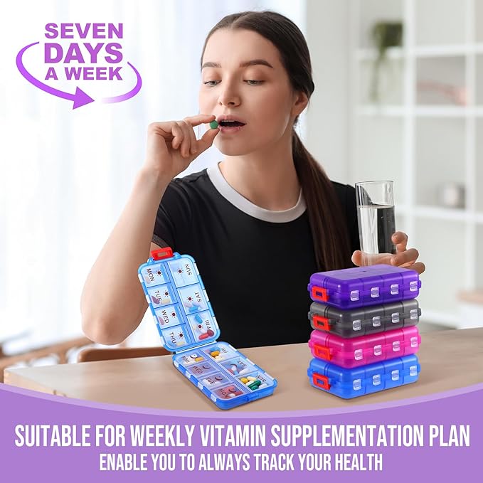 4 Pack 14 Grids Travel Pill Organizer with Printed Labels 2 Times a Day Pill Organizer Foldable Travel Medicine Kit Am Pm Weekly Medicine Box for Vitamin Fish Oil Supplement Storage