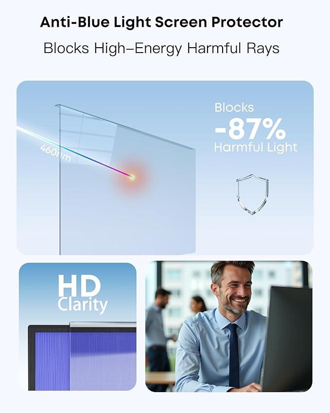 Hanging Anti Blue Light Monitor Screen Protector - Blocks 87% Blue Light & 97% UV, No Installation, 93% HD Clarity, Fits 26-27" Frameless/Bottom Bezel ≤3mm Monitors