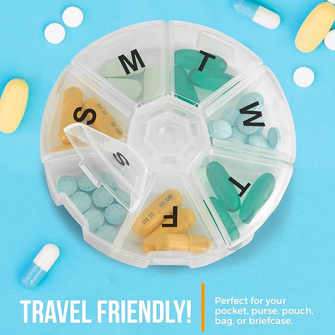 Weekly Pill Organizer - (Pack of 2) 7 Day Pills Container, Round Medicine Organizer Box, Daily Week Pill Reminder Case Travel Friendly, BPA-Free Vitamin, Supplement, Fish Oil, Medication Planner