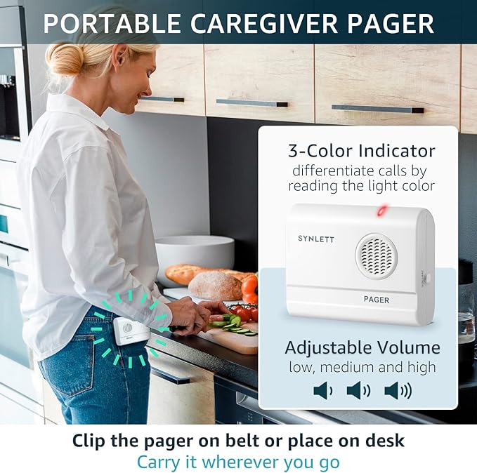 Caregiver Pager Wireless Call Buttons Motion Sensor Alarm Indoor for Elderly Monitoring Fall Prevention Bed Alarm Alert System Portable Nurse Call for Seniors Dementia Patients Emergency