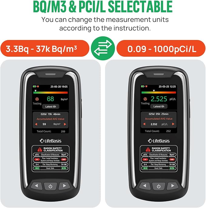 LifeBasis Portable Radon Detector with TFT Color Display, First Result in 6 Hours, Rechargeable Radon Monitor for Home Basement, 504-Day Accurate Data Storage, Visual & Audible Alarm pCi/L or Bq/m³