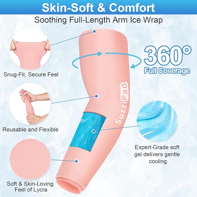 Suzzipad 2 Pack Extended-Length Elbow Ice Pack for Pitchers, Flexible Arm ice Pack Sleeve, 360° Reusable Gel Wrap for Upper Arm, Wrist, Shin Splint, Tendonitis and Golfers Relief, Pink, Medium