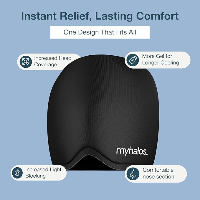 MyHalos® Migraine Relief Cap, 30% Thicker, 2X More Cooling Gel, Stays Colder for Longer, Form Fitting Ice Hat, Ice Pack Head Wrap Relief, Tension Headache Relief Cap (Black - Pack of 2)
