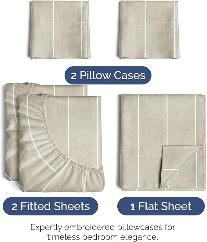 Split King Size 5 Piece Sheet Set - Extra Soft, Breathable & Cooling Sheets - Hotel Luxury Bed Sheets for Women & Men - Deep Pockets, Easy-Fit & Wrinkle-Free Sheets - Beige Stripes Oeko-Tex Bed Sheets