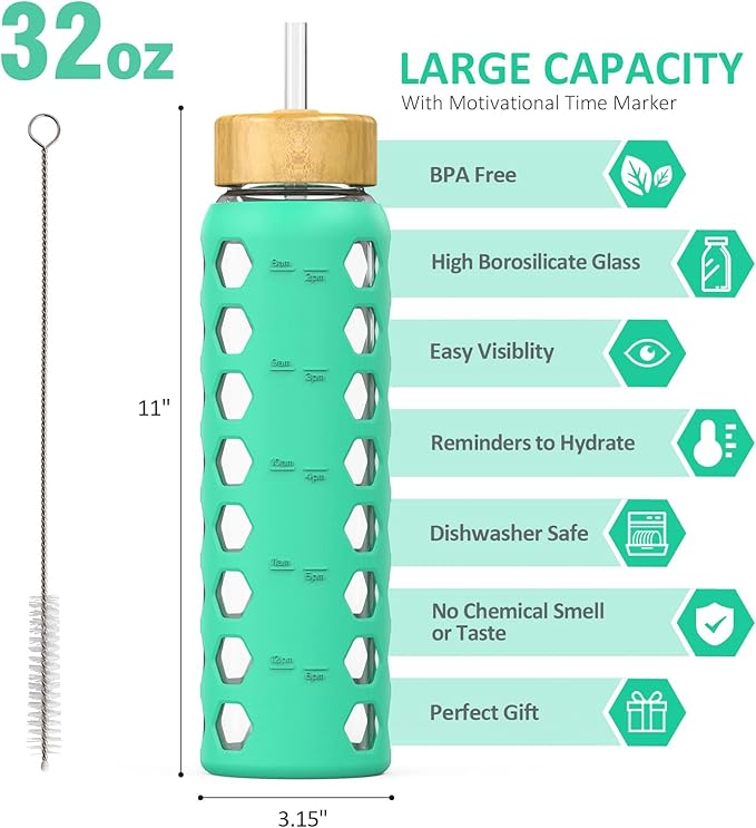 MUKOKO 32oz Glass Water Bottles with 2 Lids-Handle Spout Lid&Bamboo Straw Lid, Motivational Water Tumbler with Time Marker Reminder and Silicone Sleeve, Leakproof-Green-1 Pack