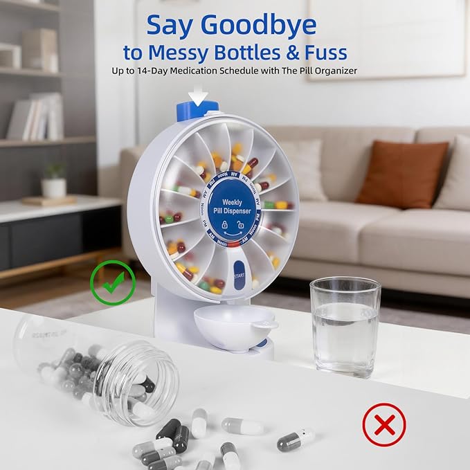EziMedPil Pill Dispenser Daily, 14 Days Large Pill Organizer with One-Press Button, Standing Use or Wall-Mounted or Glass-Sticking Pill Container w/Med Cup, Weekly Pill Box for Vitamin,Medicine (Blue)
