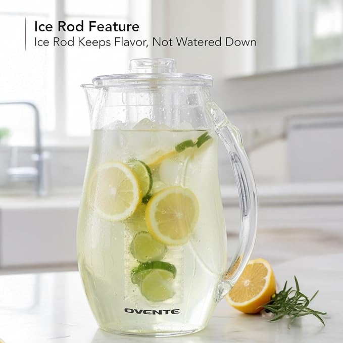 OVENTE Fruit Infusion Water Pitcher 2.5L/85Oz with Removable Lid and Infuser Rod, BPA-Free, Shatterproof Acrylic Beverage Jug for Flavor-Infused Drinks, Lemonade, Juice and Iced Tea, Clear PIA0852C