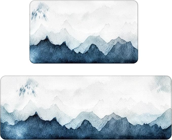 QiyI Floor Comfort Mats 2 Pieces Kitchen Rugs Leather Waterproof Oil Proof Runner Non Skid Standing Mat Set Anti Fatigue Padded Doormat 17" W x 29" L + 17" W x 47" L - Blue White Watercolor Mountain