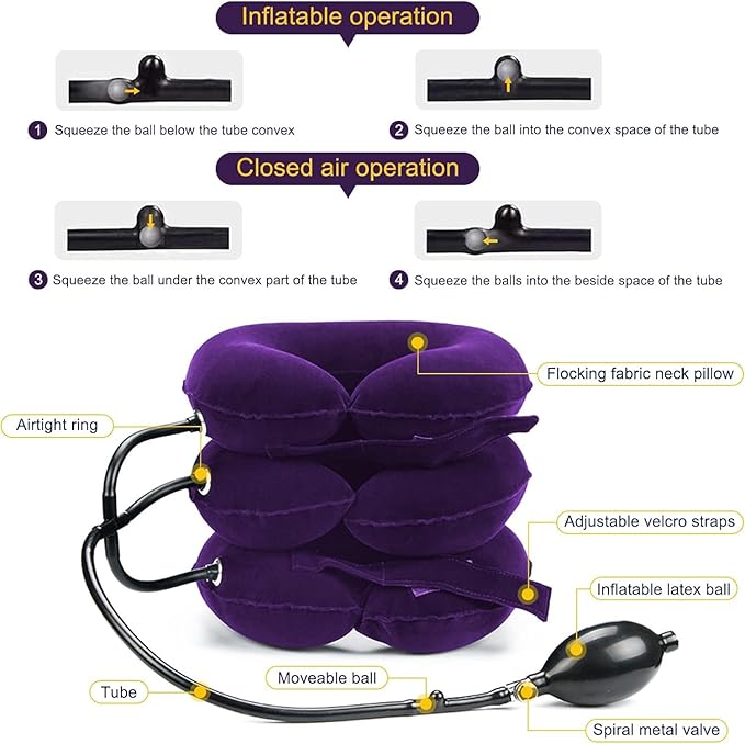 Neck Stretcher, Cervical Traction Device, Neck Traction Device, Cervical Neck Traction Device for Neck Pain Relief, Adjustable Inflatable Neck Brace, Neck Decompression Home Use (Purple)