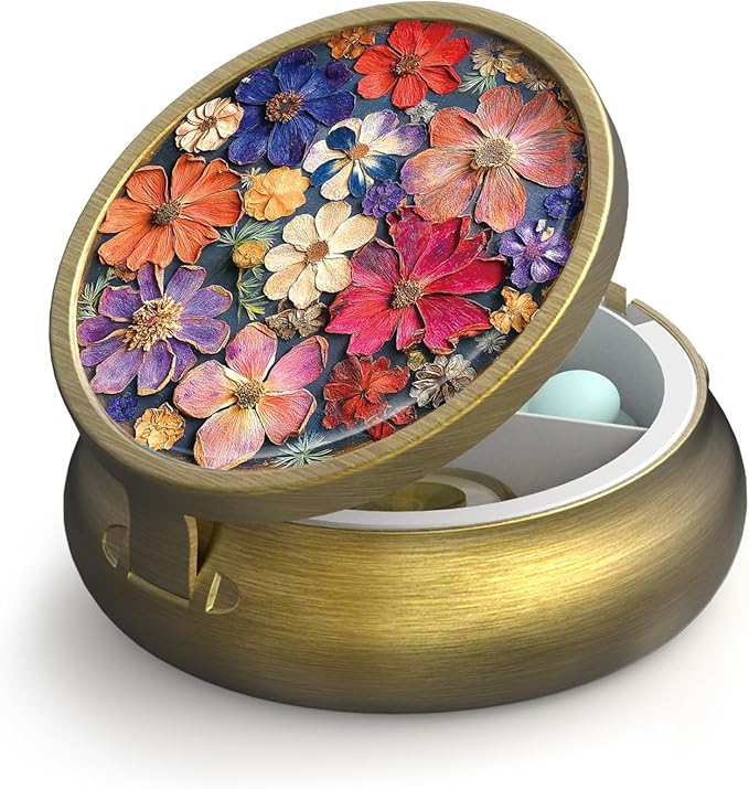 Small Pill Case Pill Box with Mirror Retro 3 Compartment Pill Holder for Purse or Pocket Bronze Portable Medicine Vitamin Container Fish Oil and Supplement Storage BPA-Free(Printed Dried Flowers)
