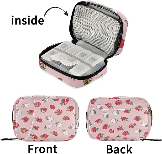 Pink White Strawberries Travel Pill Organizer Case Box Container Weekly Portable Vitamin Medicine Holder Storage Bag with Zipper Removable
