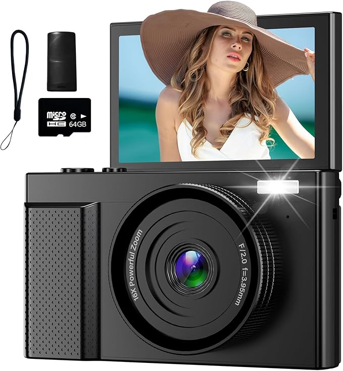 4K Digital Camera for Photography, 64MP Vlogging Video Camera for YouTube with 3'' 180°Flip Screen, 64GB Micro SD Card, 16x Digital Zoom Point Shoot Compact Travel Vintage Cameras (Black)