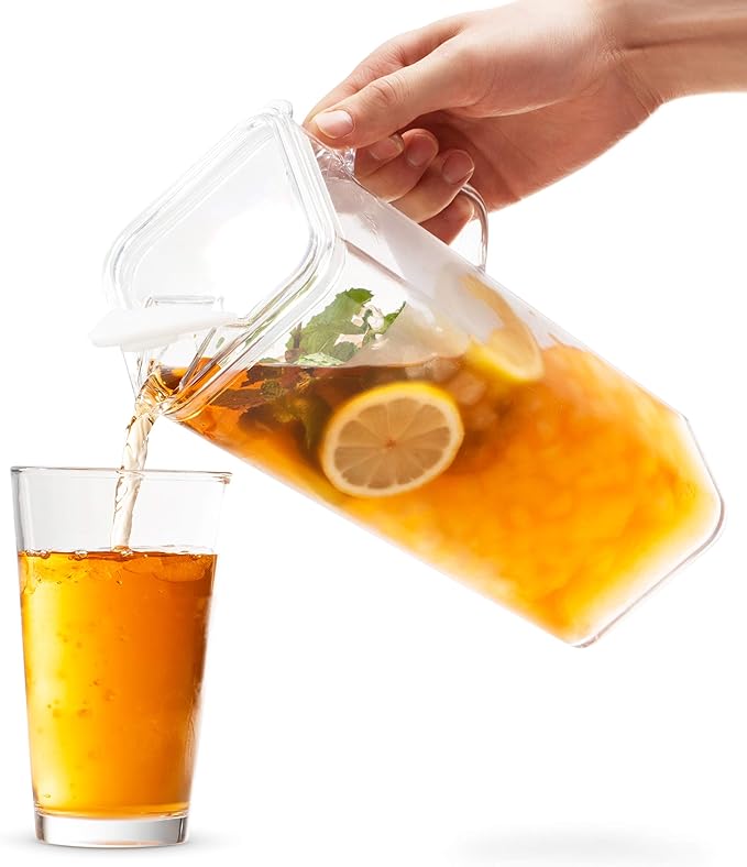 Komax Tritan Plastic Water Pitcher with Lid – BPA-Free, Square Water & Iced Tea Pitcher - Dishwasher Safe – Tea, Sangria, or Juice Containers with Lids for Fridge (2.4 Qt)