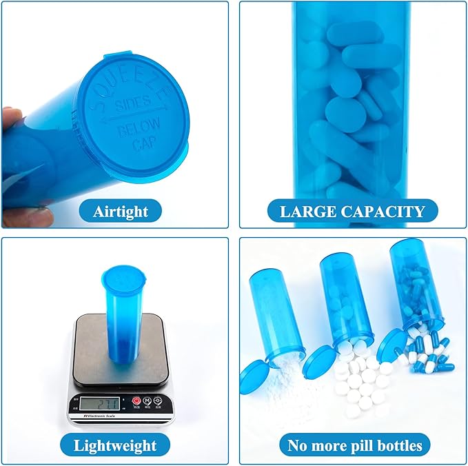 8Pcs Child-Resistant 60 Dram Pop-Top Vial with Hinged Lid Airtight Plastic Empty Pill Bottles,Travel Pill Bottle for Supplements, Vitamins & Medicines(Blue Transparent)
