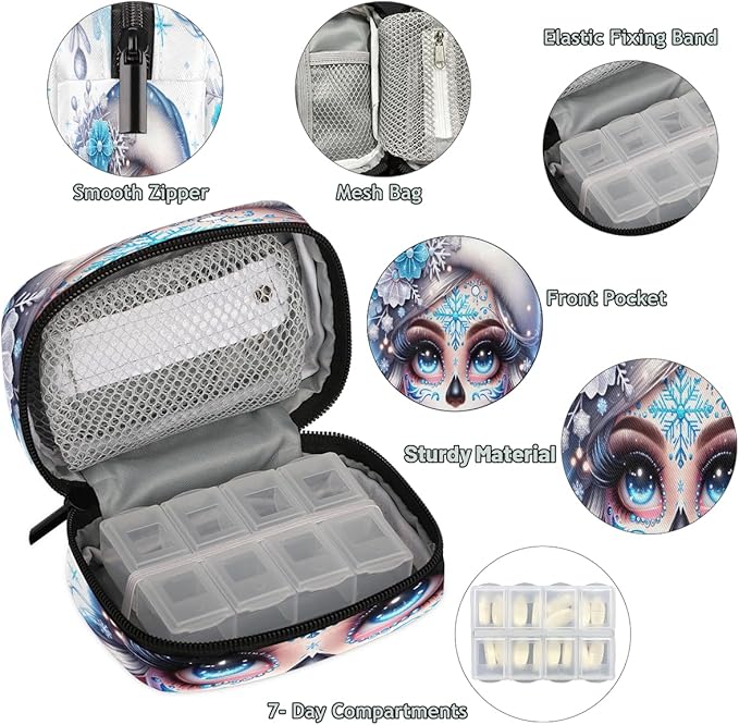 Winter Sugar Skull Girl Travel Pill Organizer Box Weekly Portable Pill Case Daily Pills 7 Day Small Birth Control Pills Container Removable Compartments for Medicine Vitamins Fish Oil