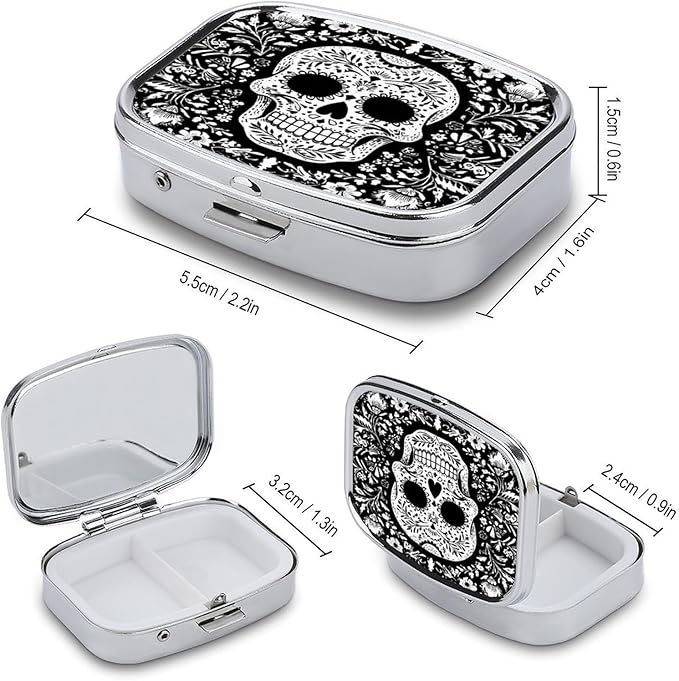 Metal Pill Organizer – 2-Compartment Pocket Pill Box for Vitamins, Supplements, Medications – Compact Travel Case (Day of The Dead Sugar Skull)