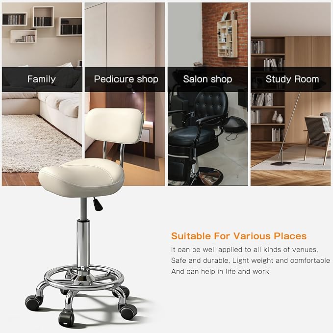 Saddle Stool with Ring Pedal and Back, Adjustable Hydraulic Rolling Chair with Wheels for Medical, Massage, Salon, Spa, Kitchen, and Drafting Use