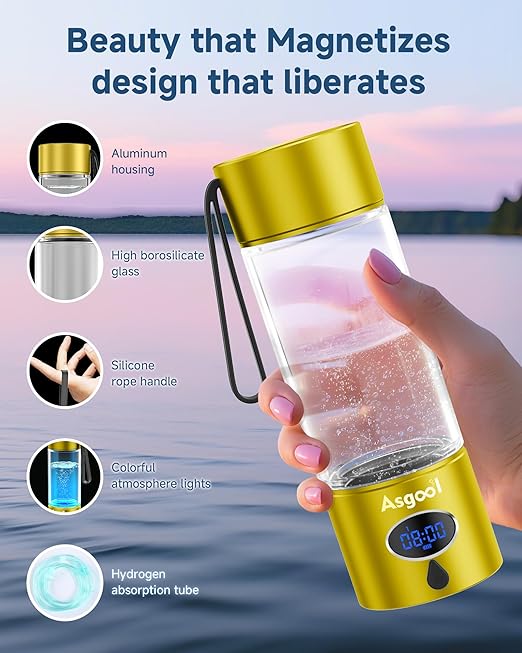 Hydrogen Water Bottle - 5000 PPB in 8 Minutes, Cyclic Mode for 8 Hours, Self Clean, Aluminum & Glass, for Travel Sports Office Home, Gift for Father Mom Family Friends Clients(Gold, 12Oz)