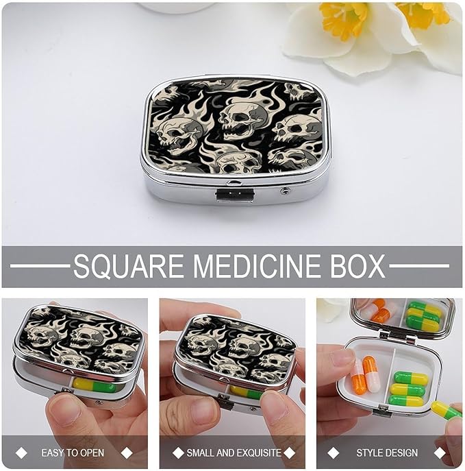 Metal Pill Organizer – 2-Compartment Pocket Pill Box for Vitamins, Supplements, Medications – Compact Travel Case (Flaming Skulls)