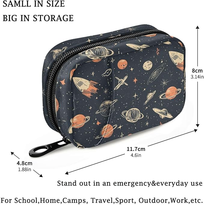 Fustylead Hand-Drawn Space Rocket Planet Elements Travel Pill Case Bag with Zipper Weekly Pill Box 8 Compartments 7 Day Personal Pill Case Purse Medicine Case Organizer