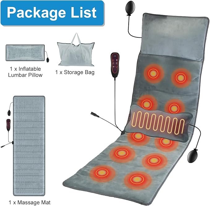 Full Body Massage Mat Electric Pad Cushion Heat Vibration Massage Pad with 10 Vibration Motors 3 Timers Inflatable Head Pillow Relax for Back Head Lumbar