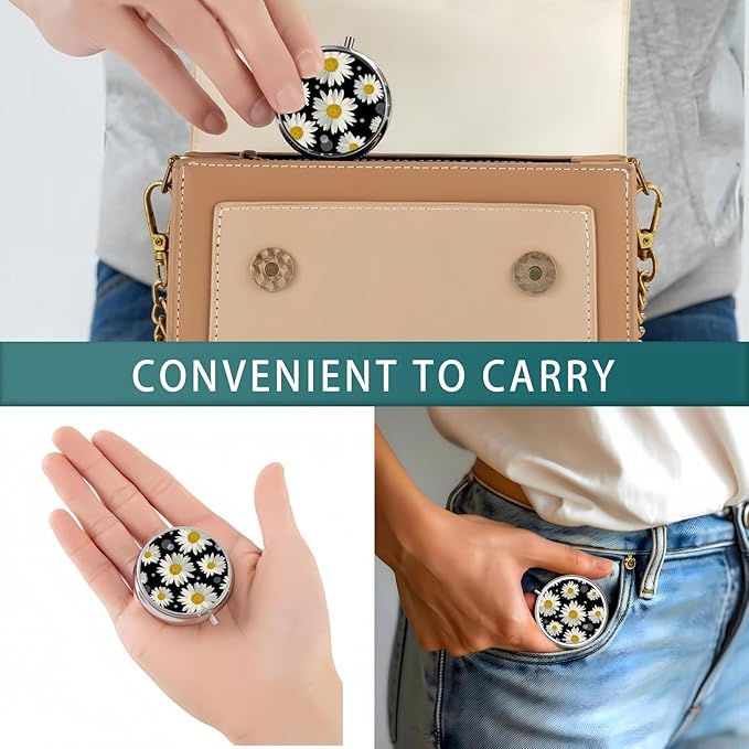 Pill Box 3 Compartment Pocket Cute Small Pill Organizer Mini Metal Pill Holder Travel Portable for Man Woman Old People and Kids - Yellow Daisy