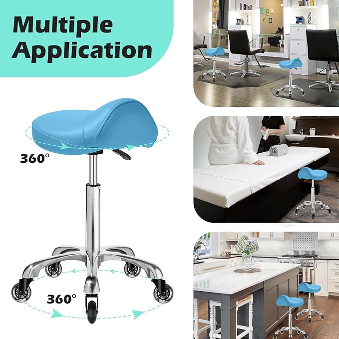 Saddle Stool with wheels Ergonomic - Heavy Duty 400lbs, Upgraded Thick Saddle Cushion, Healthy Posture Correction, Swivel Adjustable Rolling Saddle Stool, Saddle Chair for Salon Massage Home (Blue)