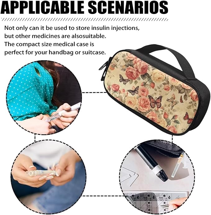 Retro Butterfly Roses Insulin Storage Bag Insulin Pen Cooler Travel Case Insulated Glucose Meter and Diabetic Supplies Organizer Carrying Bag for The Daily Life and Trip