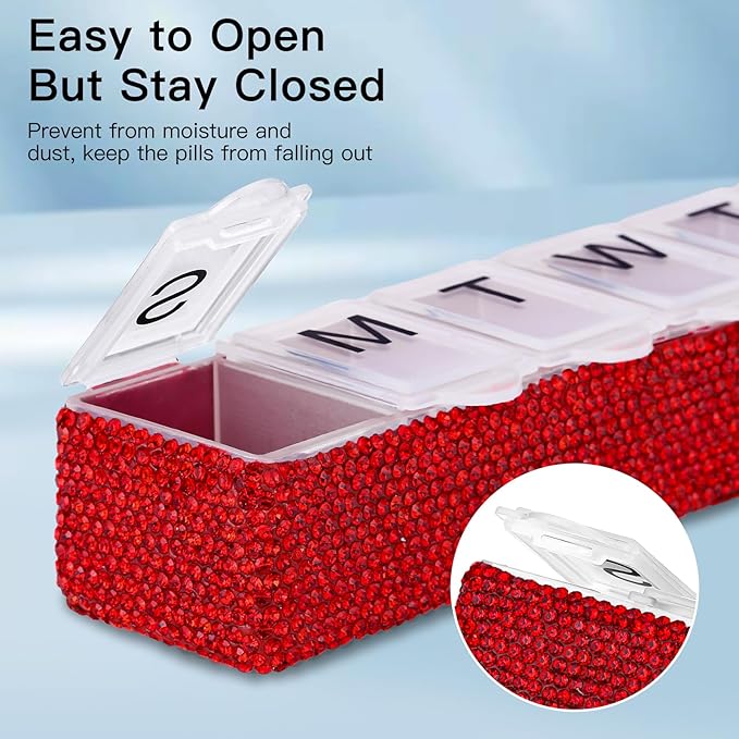 Soleebee Portable Weekly 7 Day Pill Organizer, Bling Crystal Pill Box Case, Travel Pill Planner, Pill Dispenser, Medicine Vitamin Container Organizer (Red)