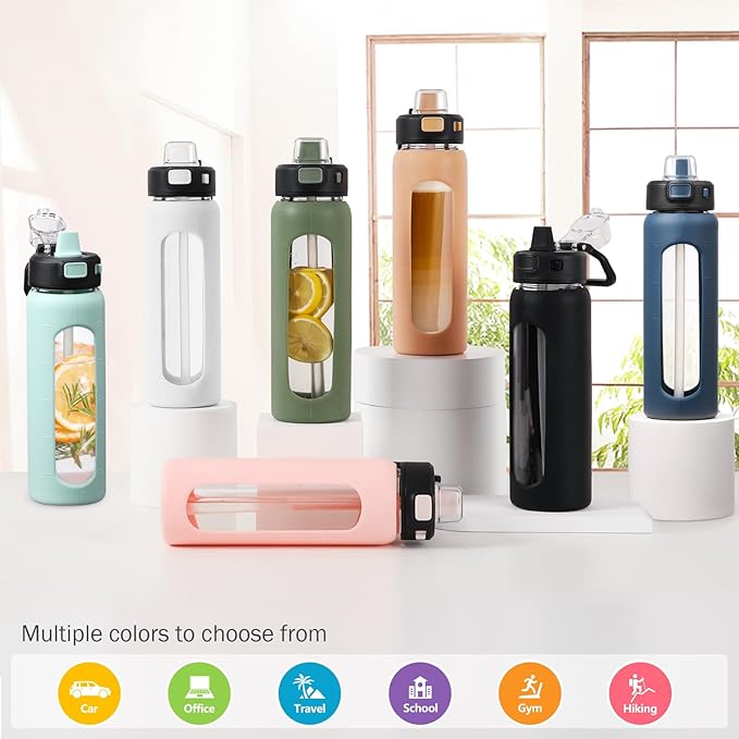 Kodrine Water Bottle With Straw and Carry Handle, Glass Water Bottle 24 oz Leak Proof Locking Lid with Soft Silicone Spout, Reusable Drinking Cups for Travel Sports with Time Marker,Pink