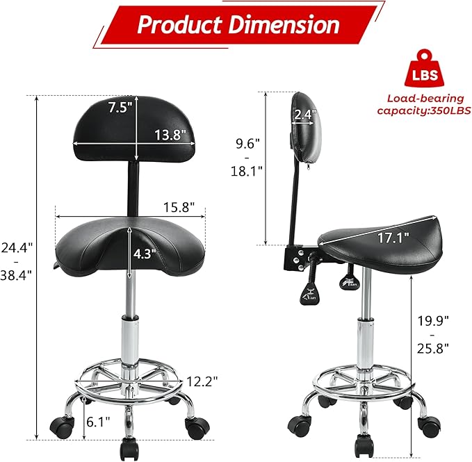 Saddle Stool with Back Support, Rolling Stools with Foot Rest, Ergonomic Backrest Adjustable Height & Angle Salon Stool with Wheels for Salon Spa Tattoo Massage