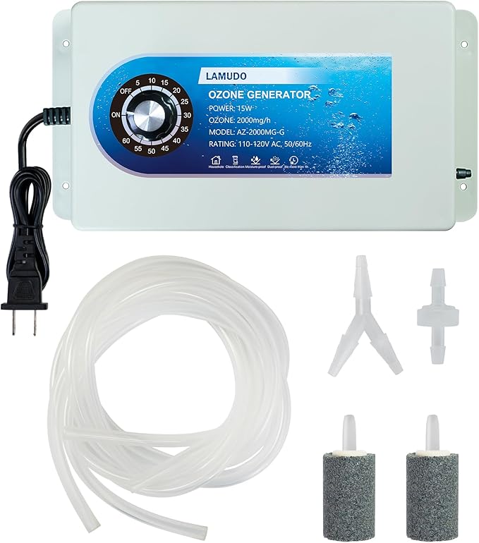 Ozone Generator with Timer for Cold Plunge and Hot Tubs, Portable SPA Ozonator with Air Stones, 2000MG/H High Output Multipurpose Ozone Machine(Include Check Valve and Y-Tee)