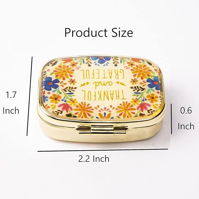 AmyZone Metal Pill Organizer Travel Friendly Portable Compact Pill Box 2 Compartments Pill Case to Hold Vitamins/Tylenol/Fish Oil/Supplements/Meds/Tablet for Purse/Pocket(Thankful and Grateful)