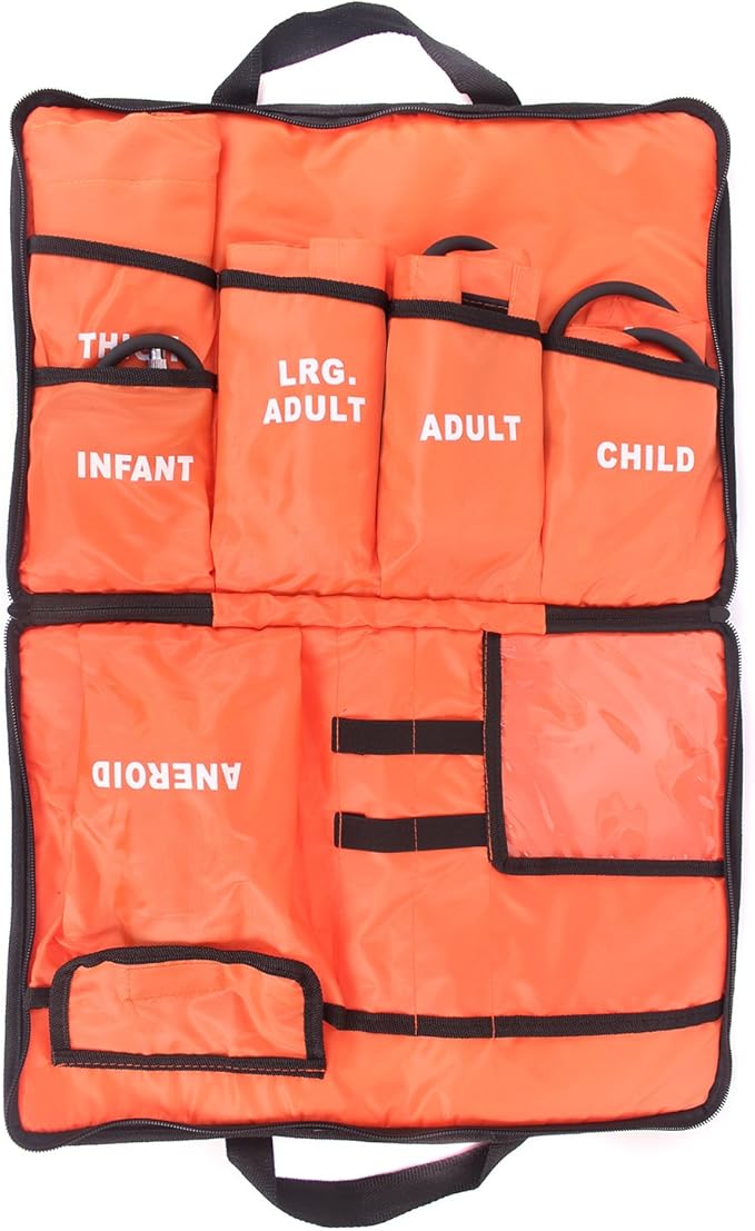 Dixie EMS Aneroid Sphygmomanometer Kit, Manual Blood Pressure Monitor Set with 5 Cuffs for Infant, Child, Adult, Large Adult, Thigh, & Carrying Case - Orange