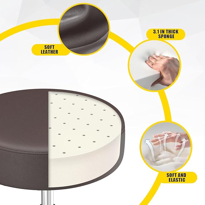 Rolling Stool, Heavy Weight Capacity 250lb, PU Leather Rolling stools, Ultra Soft Padded Seat, Rolling Stools with Wheels and Footrest, 360° Swivel, Spa Drawing Salon Work Office Tattoo Stool (Brown)