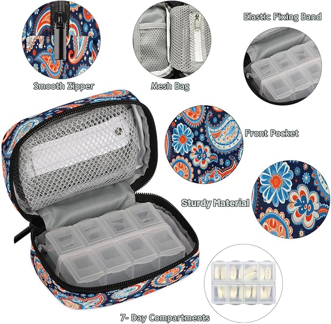 Flower Paisley Pill Box Small Travel Organizer 7 Day Weekly Ethnic Floral Medicine Case Cute Compact Size Vitamin Container Portable Holder Bag with Zipper