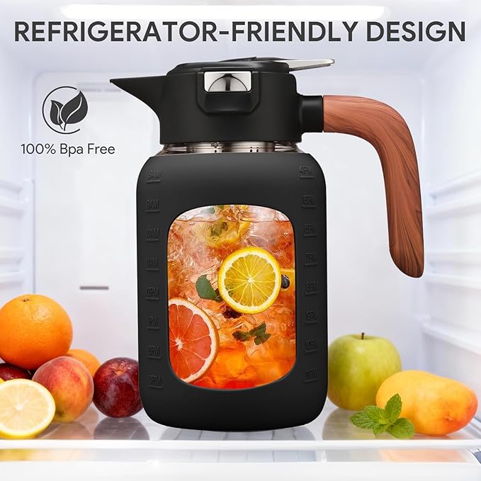 64 oz Glass Pitcher with Lid and Handle, Glass Carafe/Jug for Hot/Cold Water, Large Iced Tea Pitcher for Coffee, Juice and Homemade Beverage