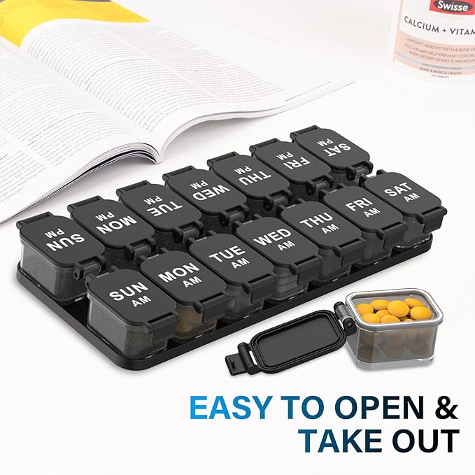 Extra Large Weekly Pill Organizer - Waterproof Pill Box 2 Times a Day, 7 Day Am Pm Medicine Pill Organizer for Supplements, Big Daily Pill Case Holder with Detachable Container for Vitamin/Fish Oil