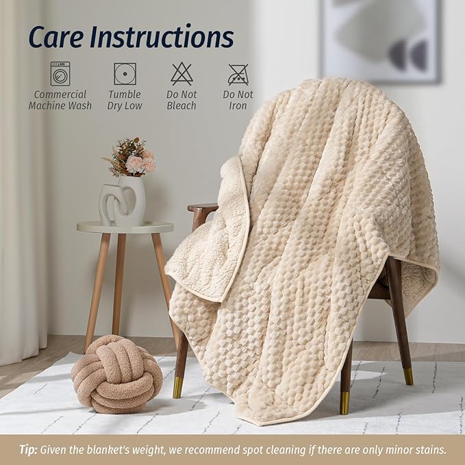 Wemore Fleece Weighted Blanket for Adults (60" x 80" 20lbs, Khaki), Dual Sided Cozy Soft Sherpa Heavy Blanket, 3D Imitation Turtle Shell Warm Jacquard Flannel Weighted Blankets for Couch and Bed