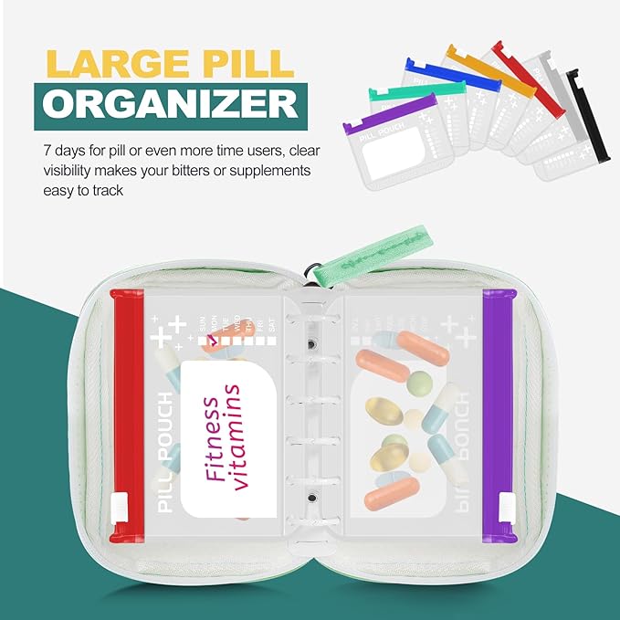 Water-Proof Pill Pouch Set， Large Pill Organizer, Pill Loose-Leaf Storage with Color-Coded Medicine Pouches,BPA Free, Reusable Travel Medicine Organizer， Zippered Pill Organizers Weekly